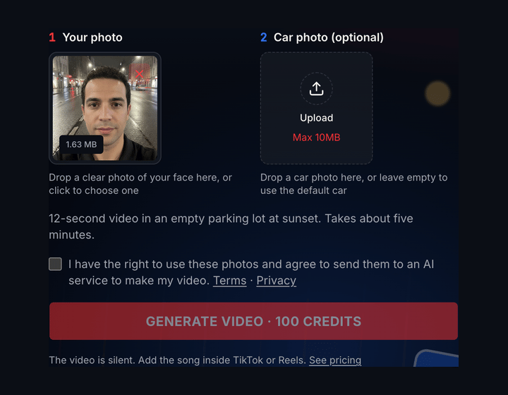 The first upload box of the unforgettable car generator showing a thumbnail of the uploaded photo