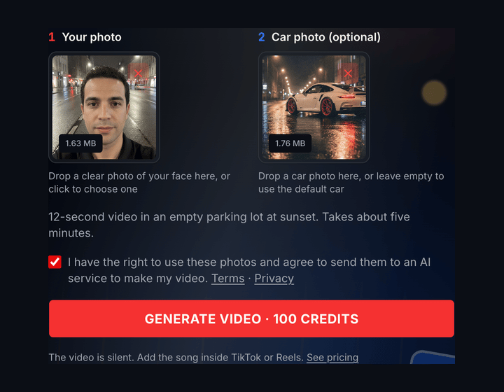 The car upload box, the photo consent and the generate button showing 100 credits