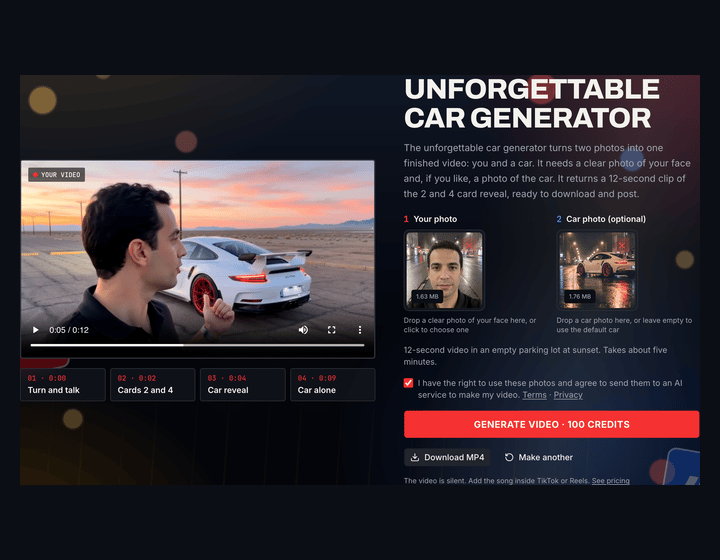 The finished video in the preview box with a download button under the generator